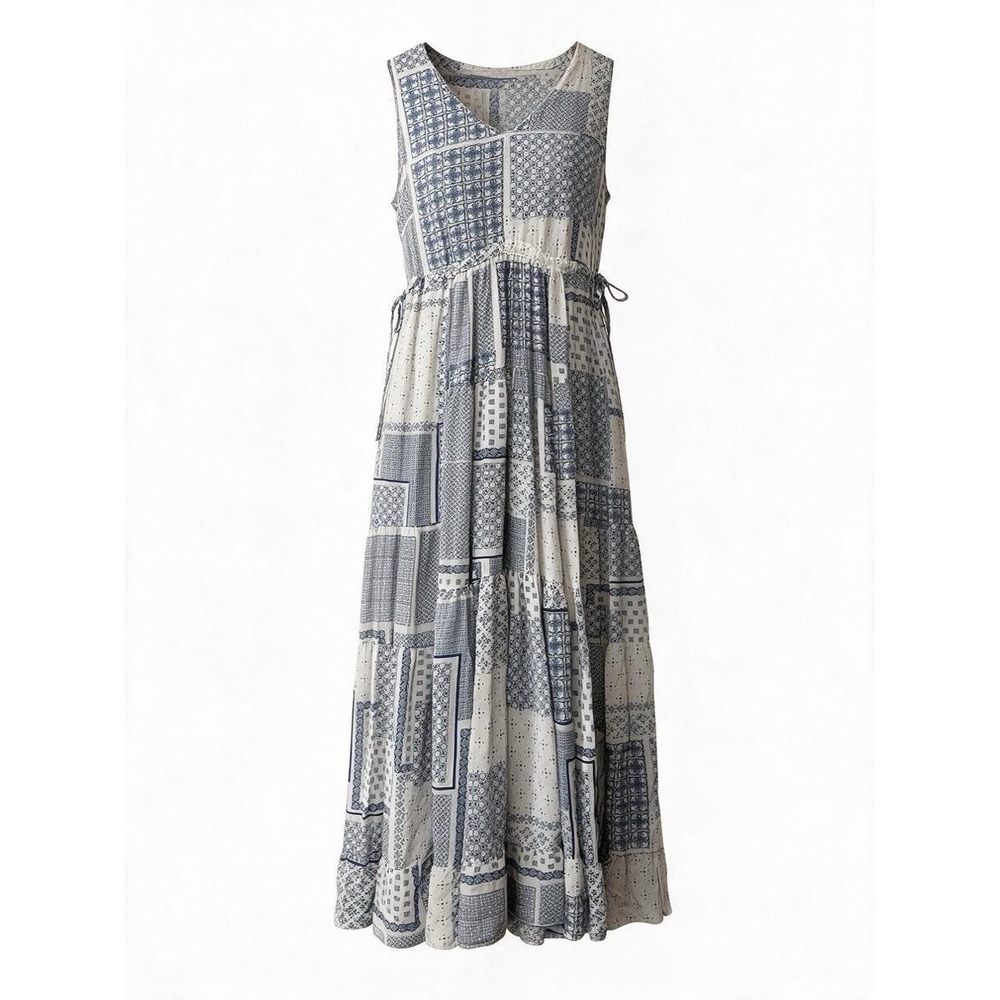 Johnny Was Rint Pete And Greta Silk Maxi Dress Size M Blue Patchwork Boho Ruffle